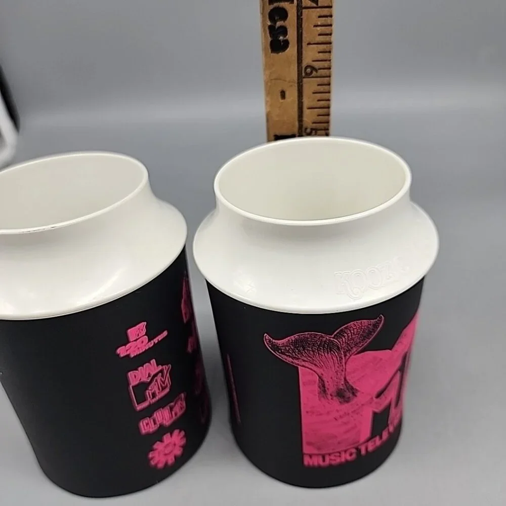 2 Vintage MTV Koozie Kup Retro 1991 Cooler Foam Plastic Beer Can Bottle Coozies
